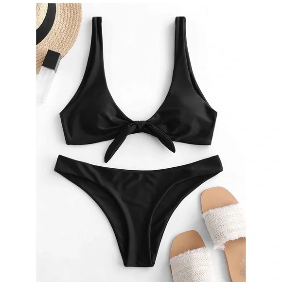 Womens Solid Color Strap Padded Front Knot Bikini Set sz 6 - Picture 3 of 8